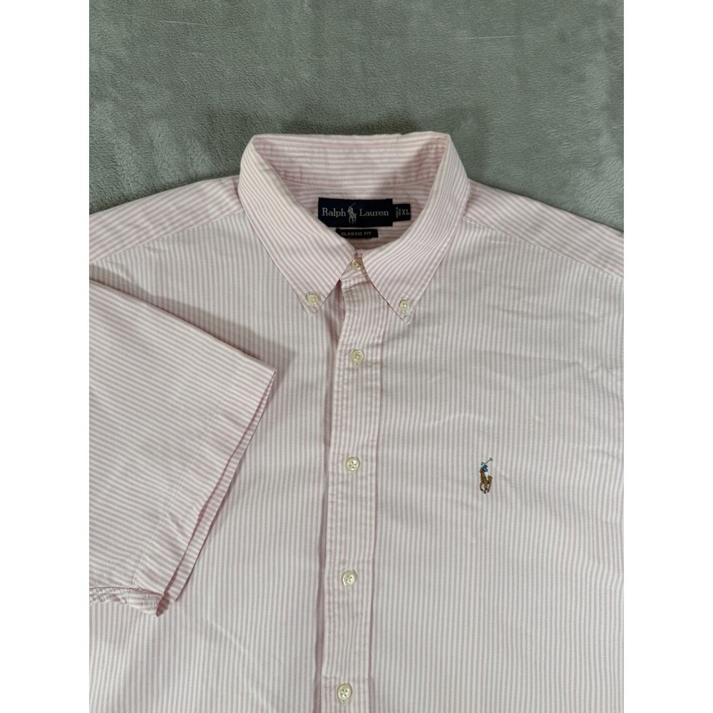Ralph Lauren Shirt Men's XL Pink White Striped Short Sleeve Button Up Flesh Pony